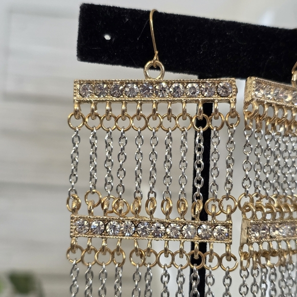 Statement Gold Silver Multi Chain Long Earrings - Picture 4 of 9